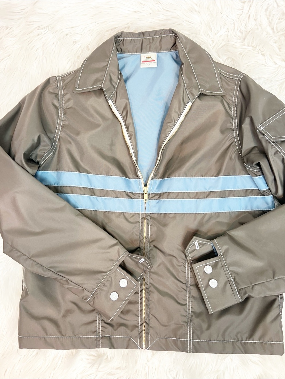 BIRDWELL BROWN WITH BLUE STRIPES ZIP FRONT COMP JACKET MENS MEDIUM